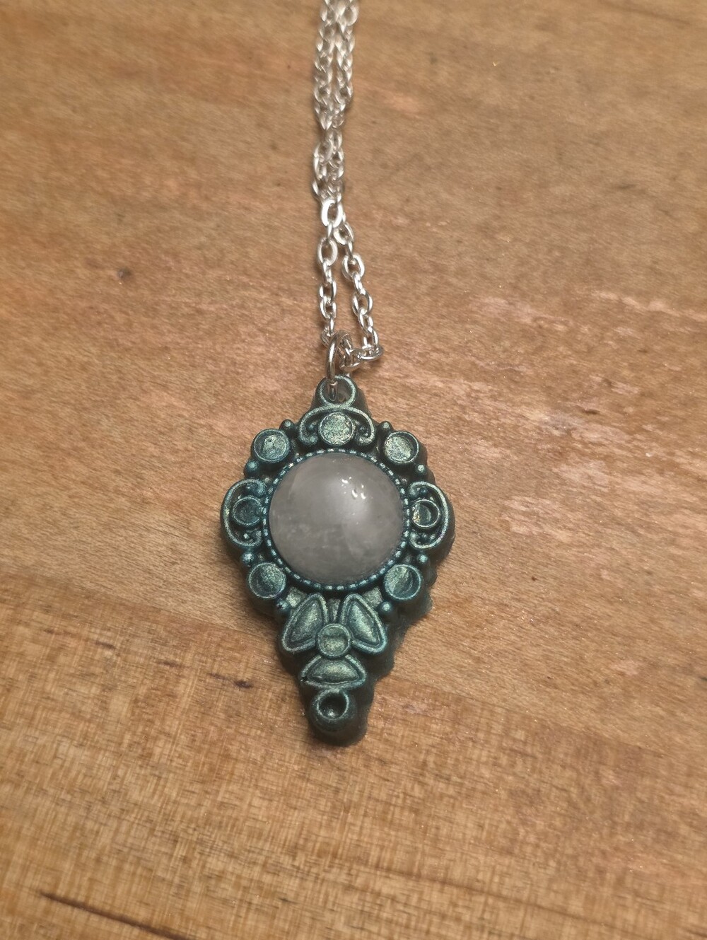 Green Ornate Pendant With Gemstone Center Cabochon On Silver Chain Necklace